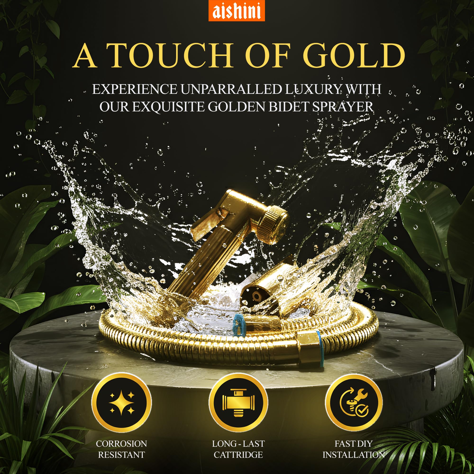 Aishini Golden Handheld Bidet Sprayer Set | SSV 4.0 شطاف حمام